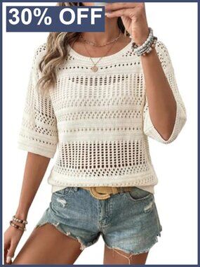Women's Crochet Half Sleeve Knit Pullover Sweater Boxy Cover Up